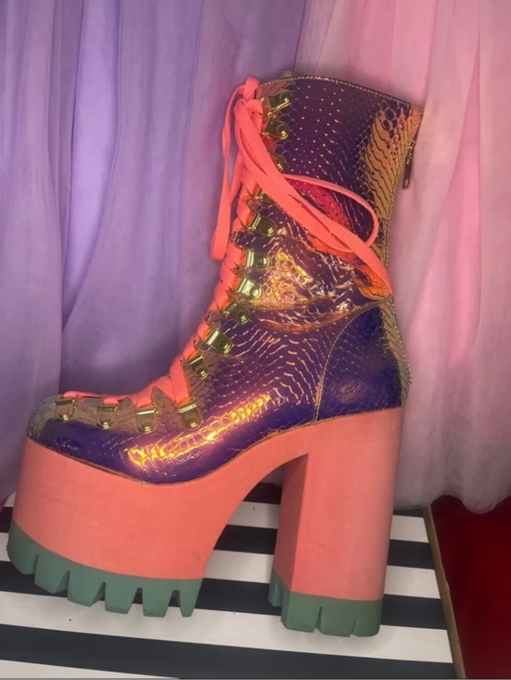 Dolls Kill Iridescent Purple Lace-Up Platform Boots with Coral Laces Size 7